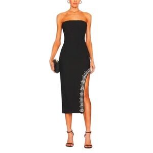 Cinq a Sept Sammy Black Dress Beaded Crystal Strapless‎ High Slit Midi Size 12
